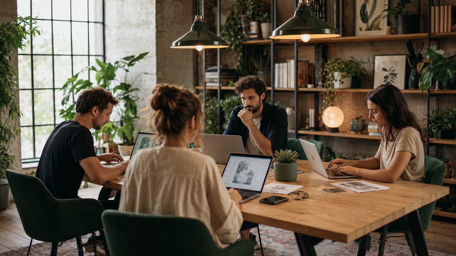 Cuatro personas trabajando con portátiles alrededor de una mesa larga de madera, en un estudio luminoso lleno de plantas y con lámparas verdes colgando del techo.