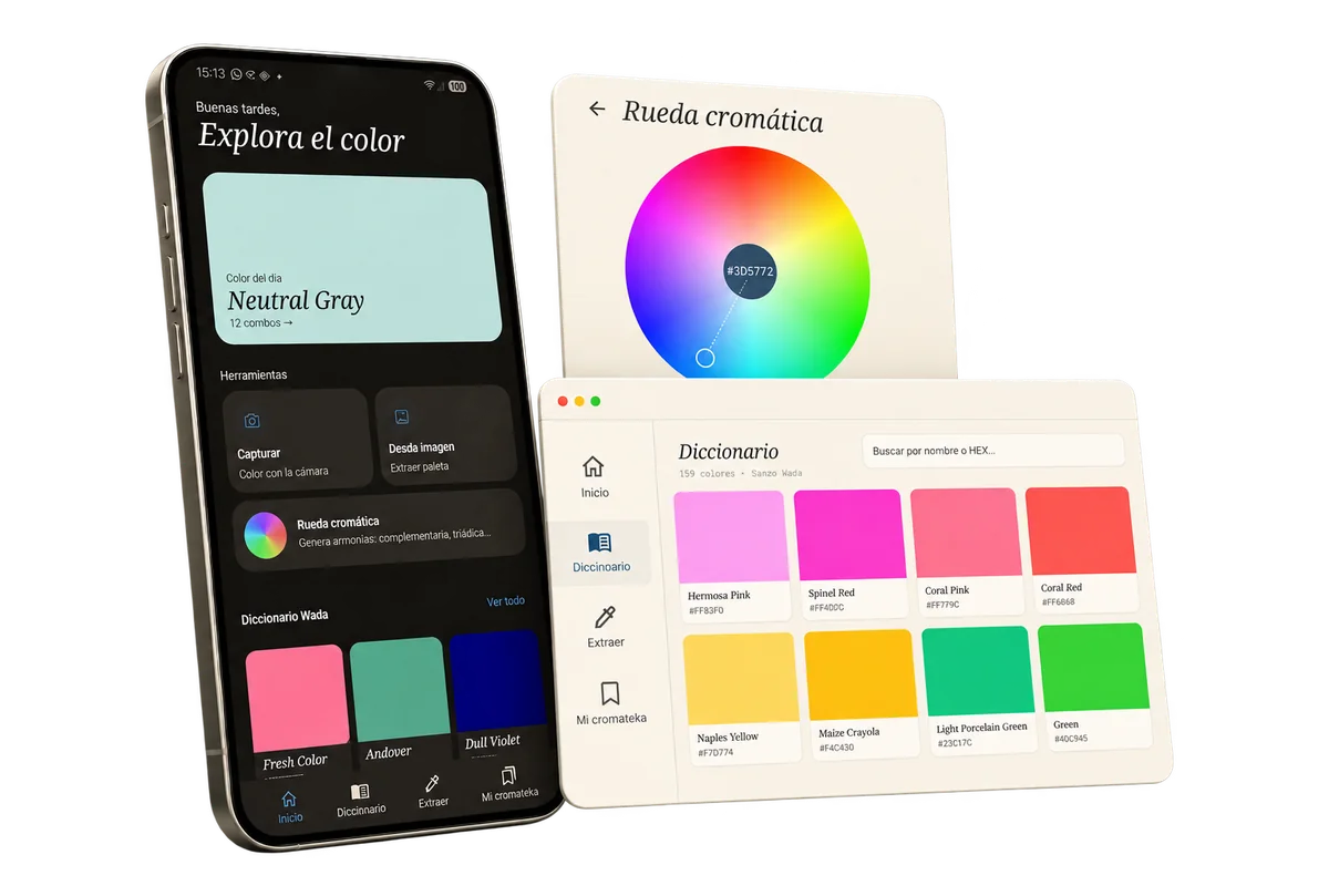 Cromateka en sus dos plataformas: en el móvil, la pantalla de inicio con el color del día y el diccionario de Sanzo Wada; en la web, el panel de rueda cromática y el diccionario con los colores y sus códigos HEX.
